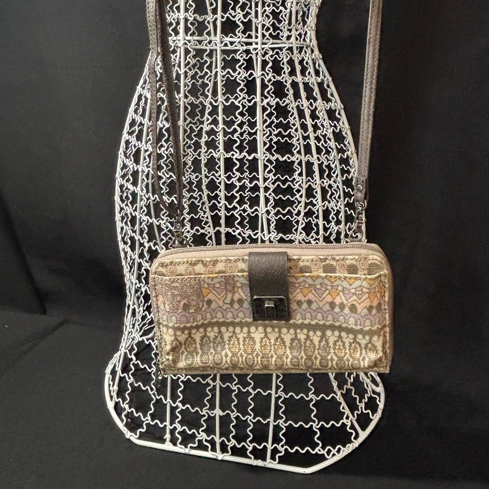 Sakroots Zip Around Crossbody Wallet/Bag with Peace Sign Print and Metal Accents